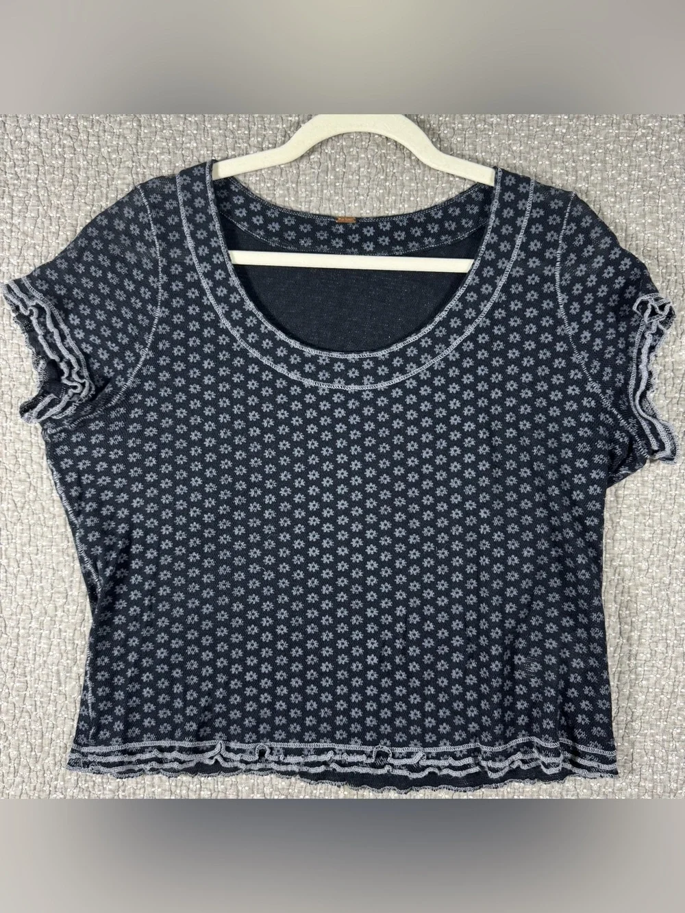 Free People Black Micro Daisy Scoop Neck Short Sleeve Tee